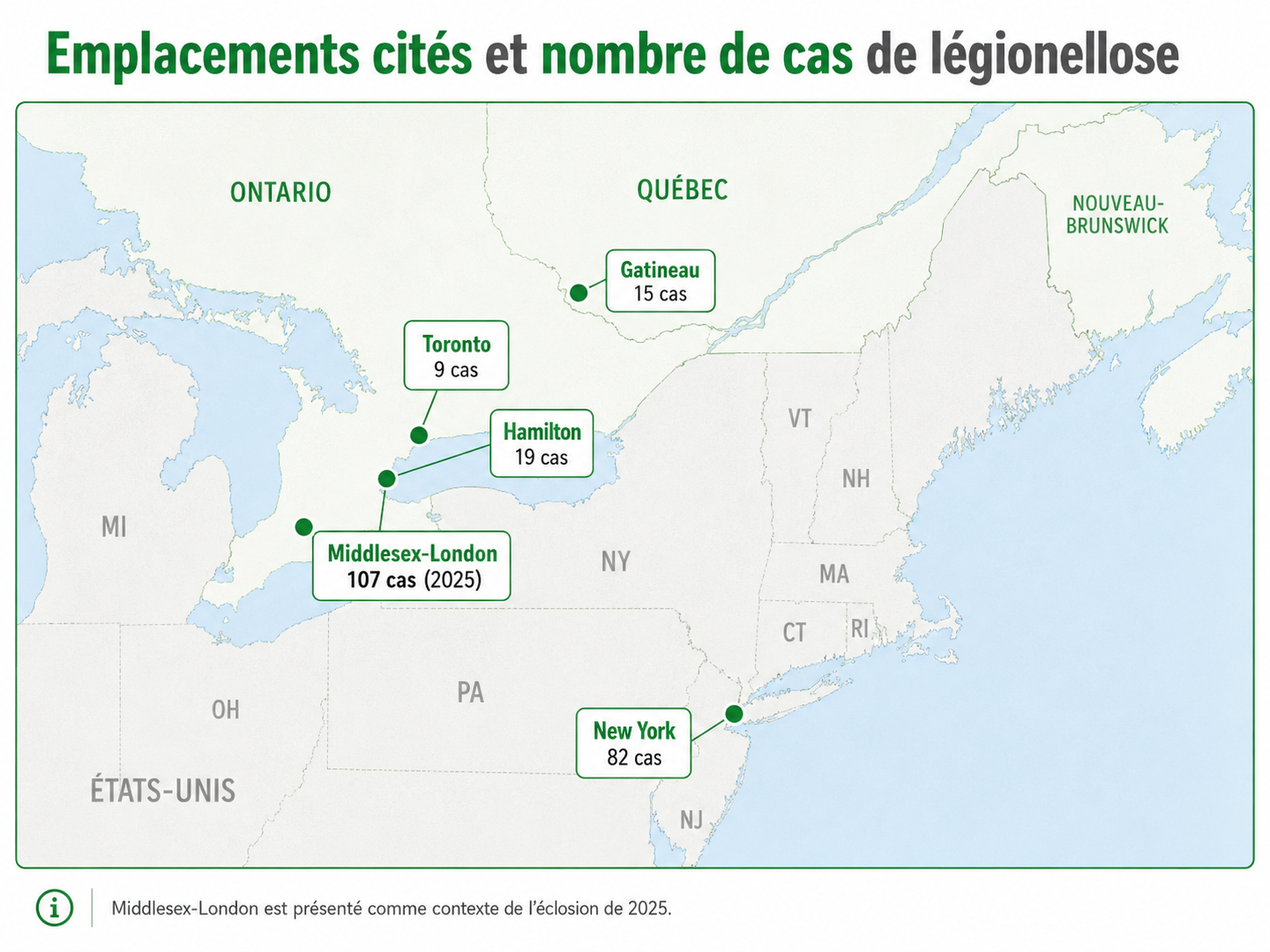 Carte des emplacements cités et du nombre de cas