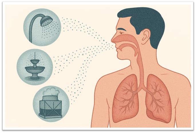 Schéma de la formation et de l’inhalation de fines gouttelettes contaminées